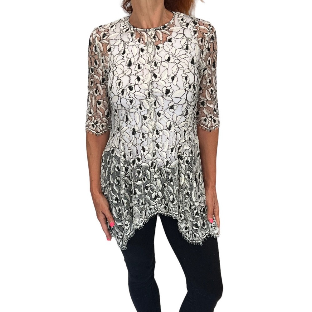 $1195 LELA ROSE LACE FLARE HEM Asymmetric Black Ivory guipure lace Flare TOP 6 - Picture 5 of 14